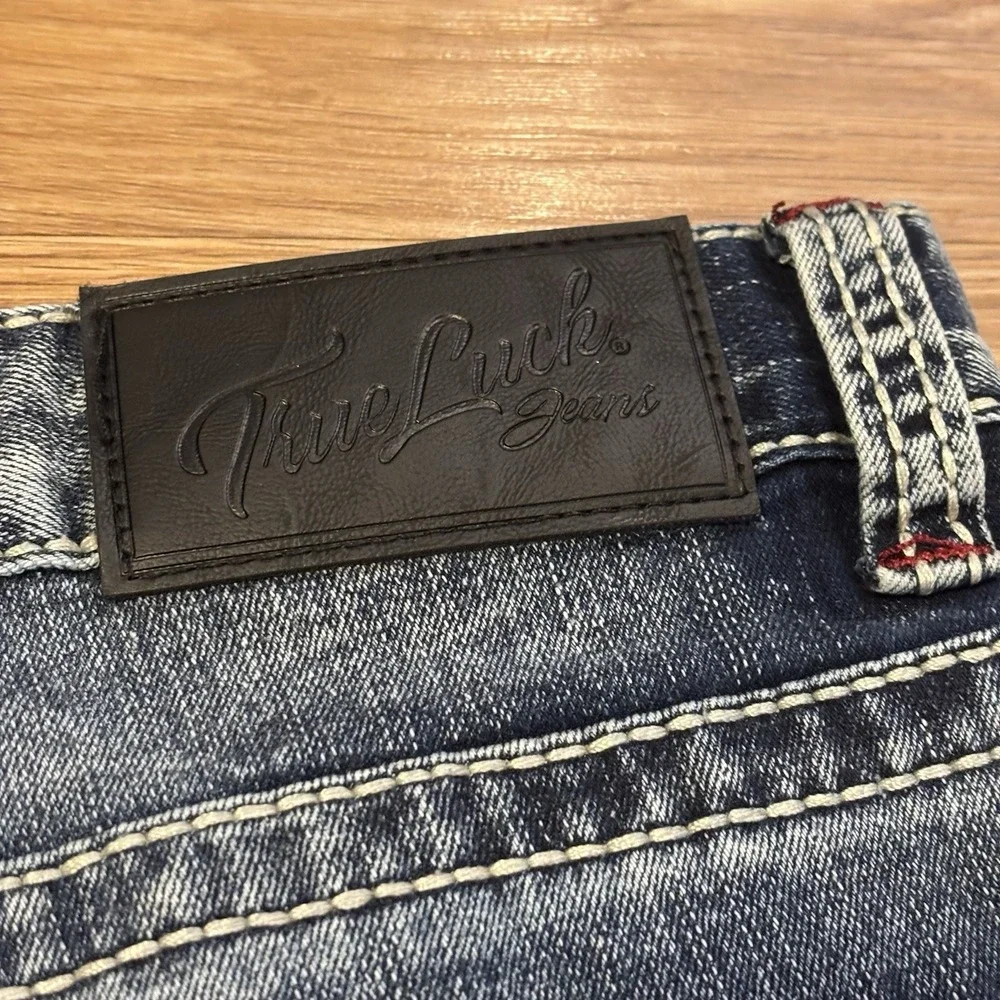 True Luck Jeans Mens 34x30 Dark Distressed Wash Straight Leg Red Stitching Faded